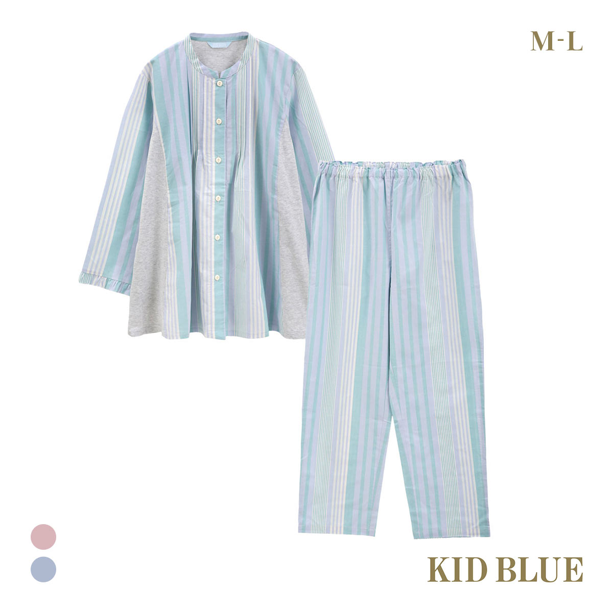 キッドブルー 25ストライプ＆天竺 9分袖 フルレングス 上下セット パジャマ KID BLUE(SX-サックス-M)