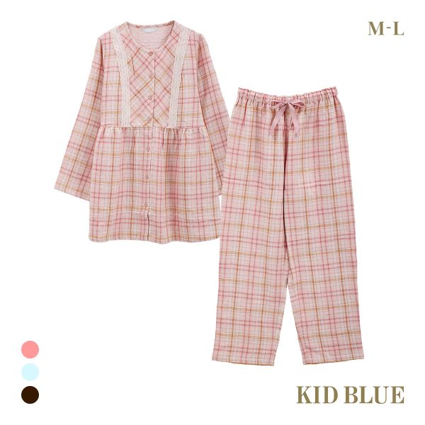 キッドブルー トリプルガーゼオンブレーチェック ルームウェア 長袖 フルレングス 上下セット パジャマ KID BLUE
