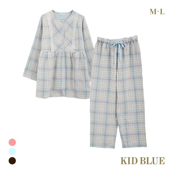 キッドブルー トリプルガーゼオンブレーチェック ルームウェア 長袖 フルレングス 上下セット パジャマ KID BLUE