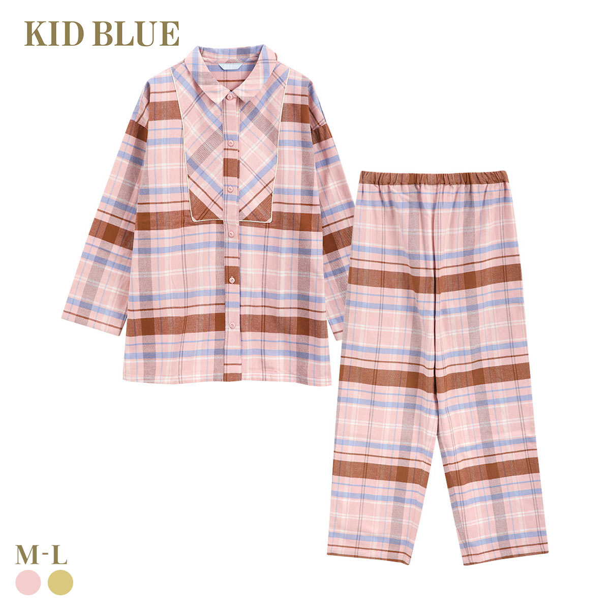 キッドブルー 25ネルチェック 長袖 フルレングス 上下セット パジャマ KID BLUE(PI-ピンク-M)