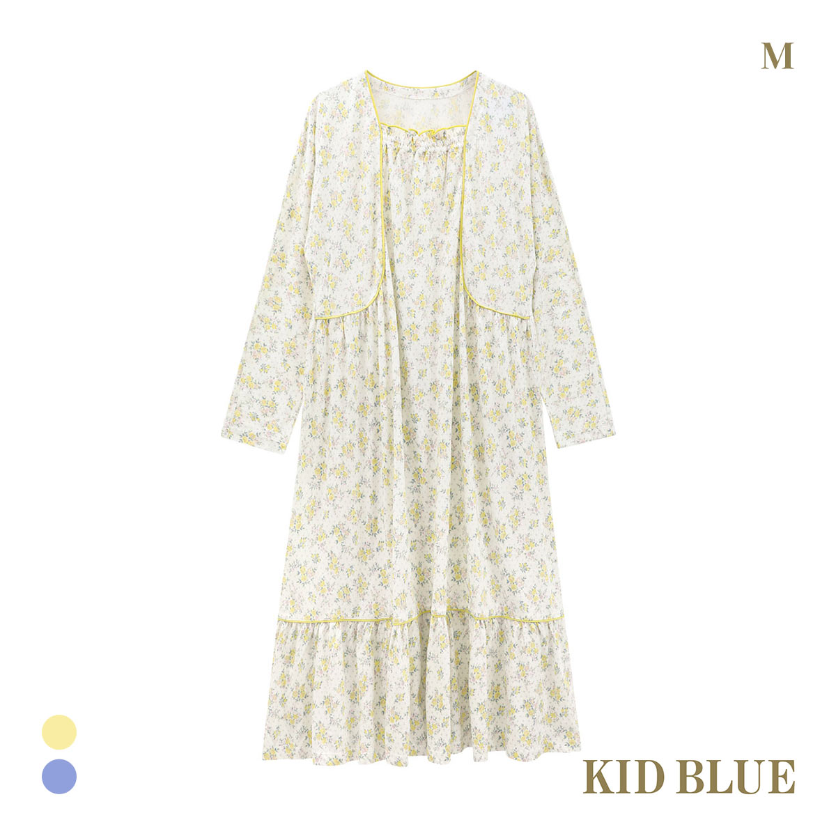 キッドブルー ピンドットフラワーN 長袖 ワンピース ルームウェア パジャマ KID BLUE(YE-イエロー-M)