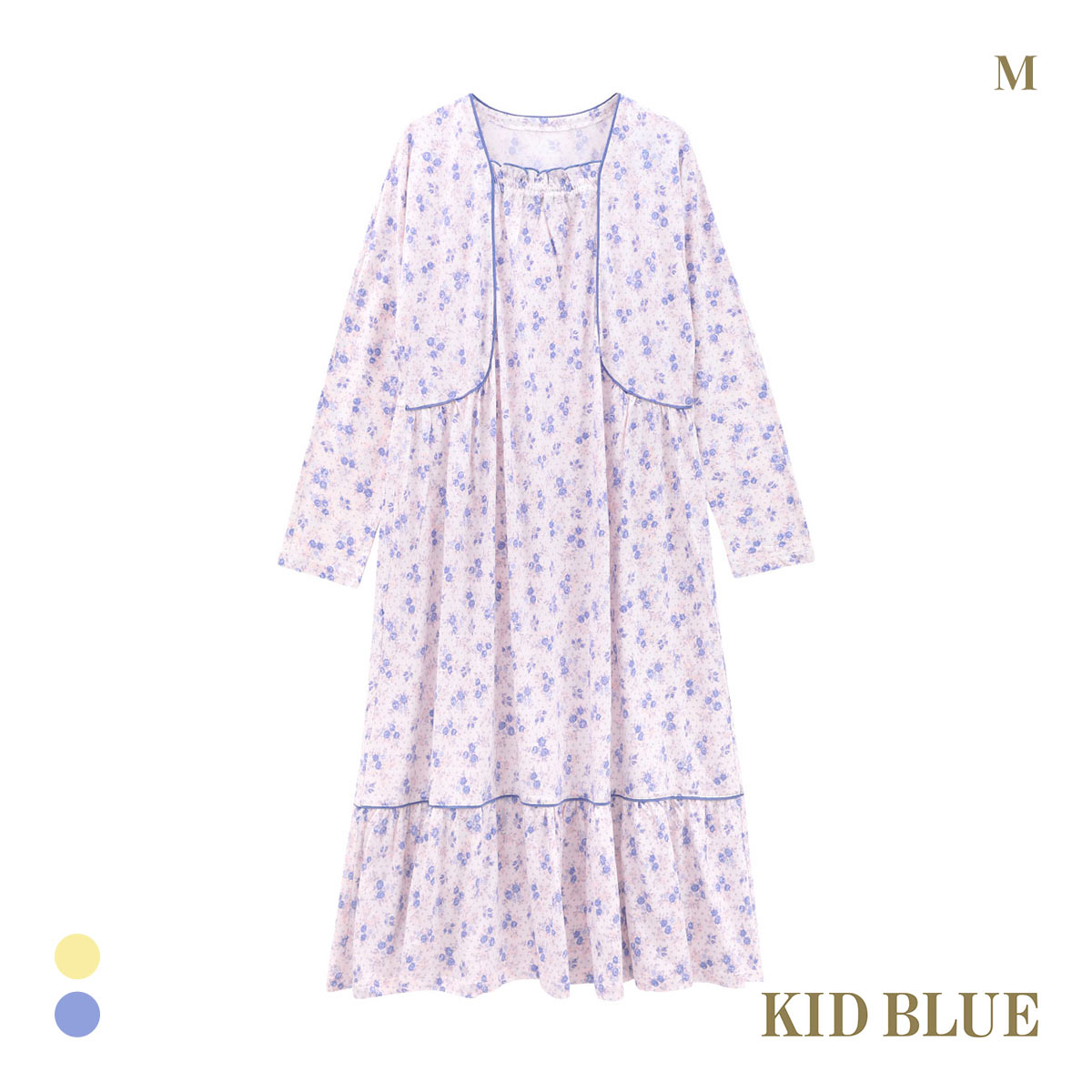 キッドブルー ピンドットフラワーN 長袖 ワンピース ルームウェア パジャマ KID BLUE(BU-ブルー-M)
