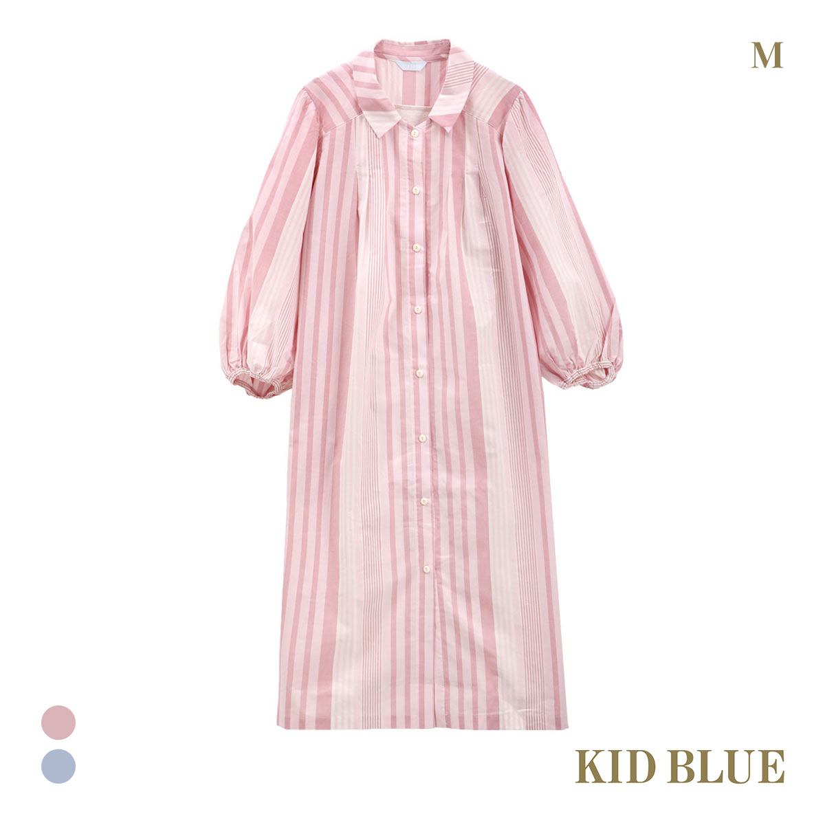 キッドブルー 25ストライプ＆天竺 9分袖 ワンピース ルームウェア パジャマ KID BLUE(PI-ピンク-M)