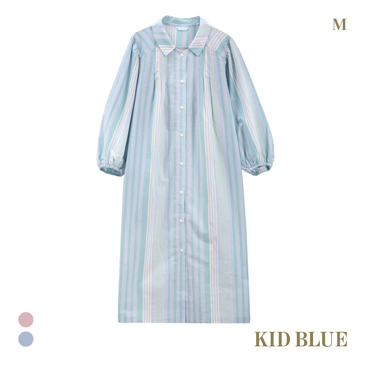 キッドブルー 25ストライプ＆天竺 9分袖 ワンピース ルームウェア パジャマ KID BLUE(SX-サックス-M)
