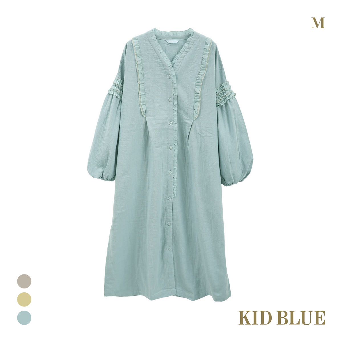 キッドブルー 25オータム Wガーゼ 長袖 ワンピース ルームウェア パジャマ KID BLUE(SX-サックス-M)