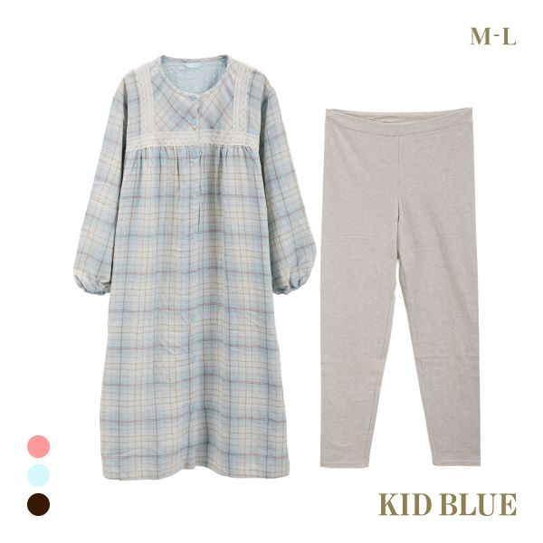 キッドブルー トリプルガーゼオンブレーチェック ワンピース レギンス セット ルームウェア パジャマ 長袖 ネグリジェ KID BLUE