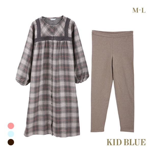 キッドブルー トリプルガーゼオンブレーチェック ワンピース レギンス セット ルームウェア パジャマ 長袖 ネグリジェ KID BLUE