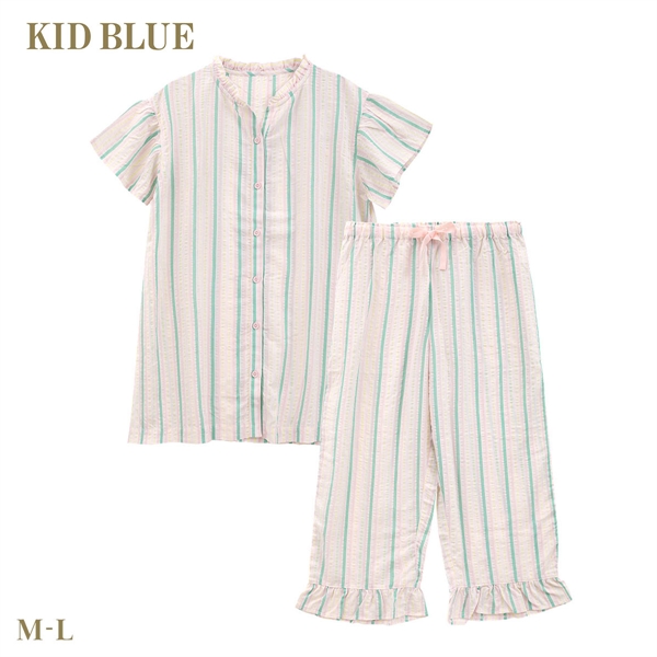 キッドブルー 26CRサッカーストライプ 半袖 8分丈 上下セット パジャマ ルームウェア ナイティ レディース KID BLUE