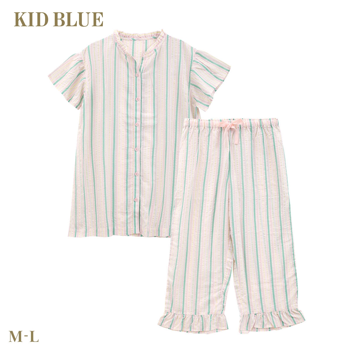 キッドブルー 26CRサッカーストライプ 半袖 8分丈 上下セット パジャマ ルームウェア ナイティ レディース KID BLUE(PI-ピンク-M)
