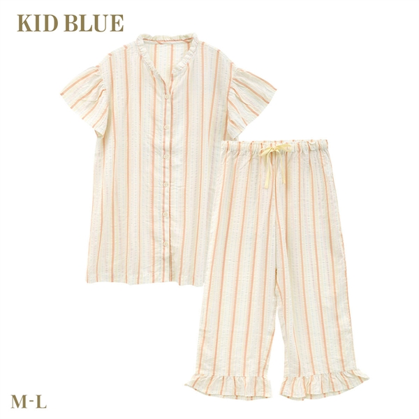 キッドブルー 26CRサッカーストライプ 半袖 8分丈 上下セット パジャマ ルームウェア ナイティ レディース KID BLUE