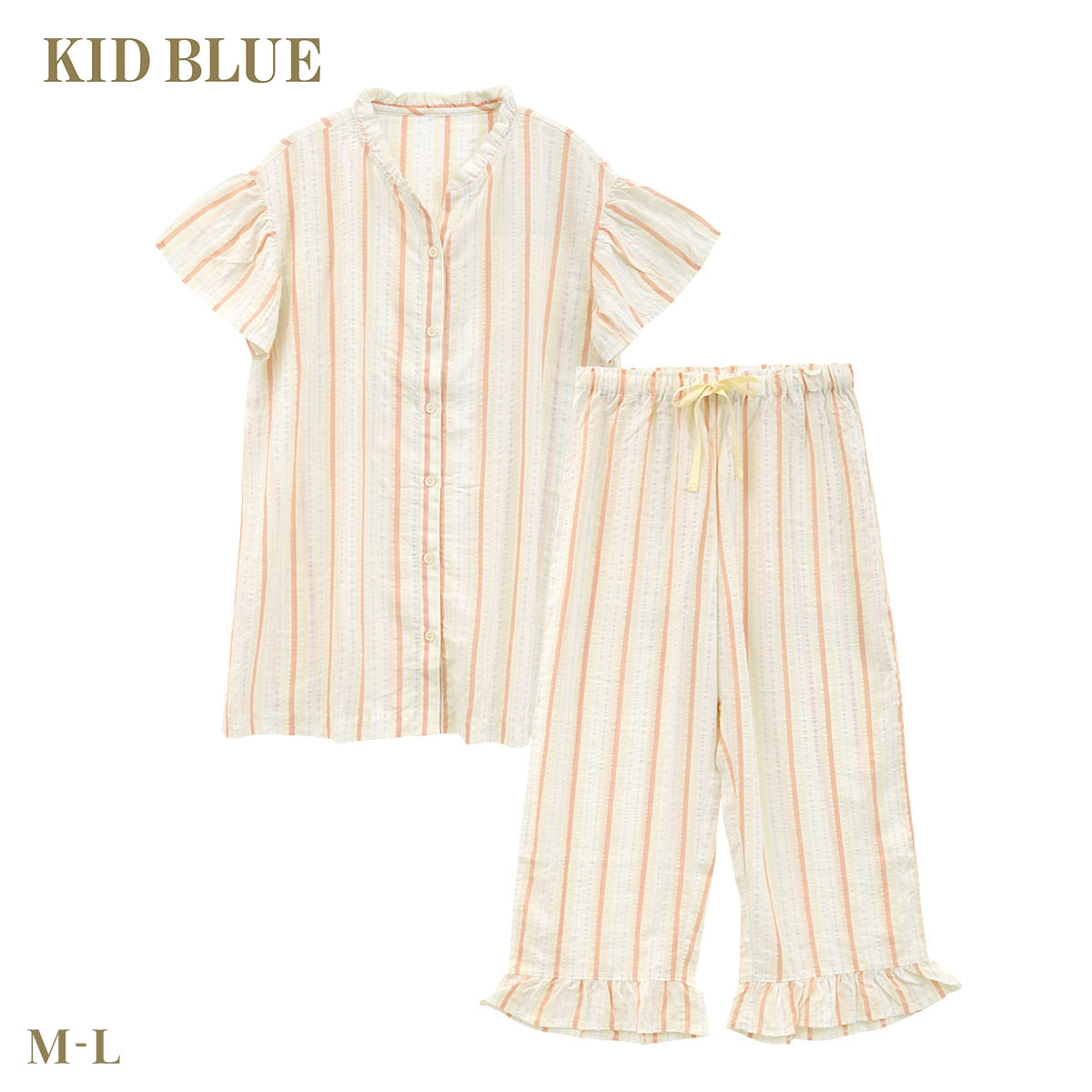 キッドブルー 26CRサッカーストライプ 半袖 8分丈 上下セット パジャマ ルームウェア ナイティ レディース KID BLUE(YE-イエロー-M)