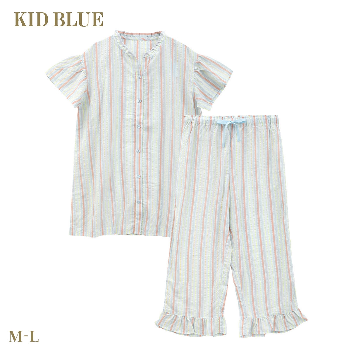 キッドブルー 26CRサッカーストライプ 半袖 8分丈 上下セット パジャマ ルームウェア ナイティ レディース KID BLUE(SX-サックス-M)