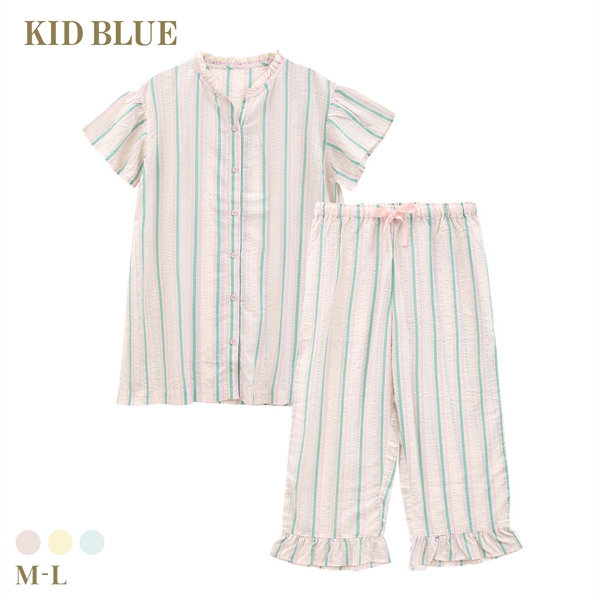 キッドブルー 26CRサッカーストライプ 半袖 8分丈 上下セット パジャマ ルームウェア ナイティ レディース KID BLUE