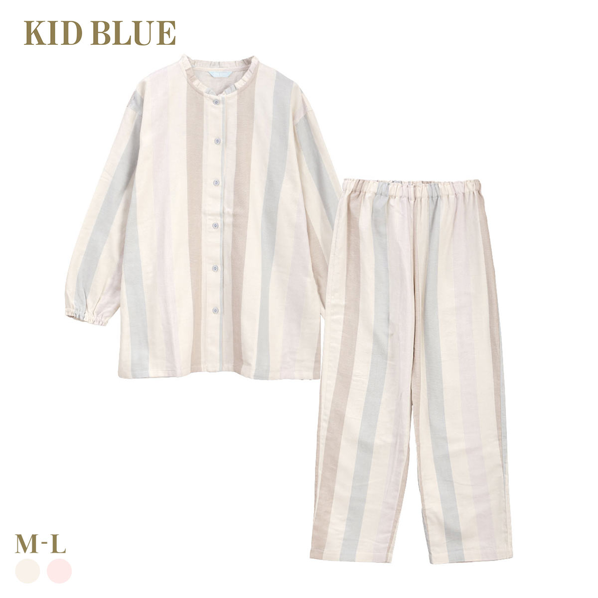 キッドブルー 26Wガーゼ ストライプ 長袖 フルレングス 上下セット パジャマ ルームウェア KID BLUE(IV-アイボリー-M)