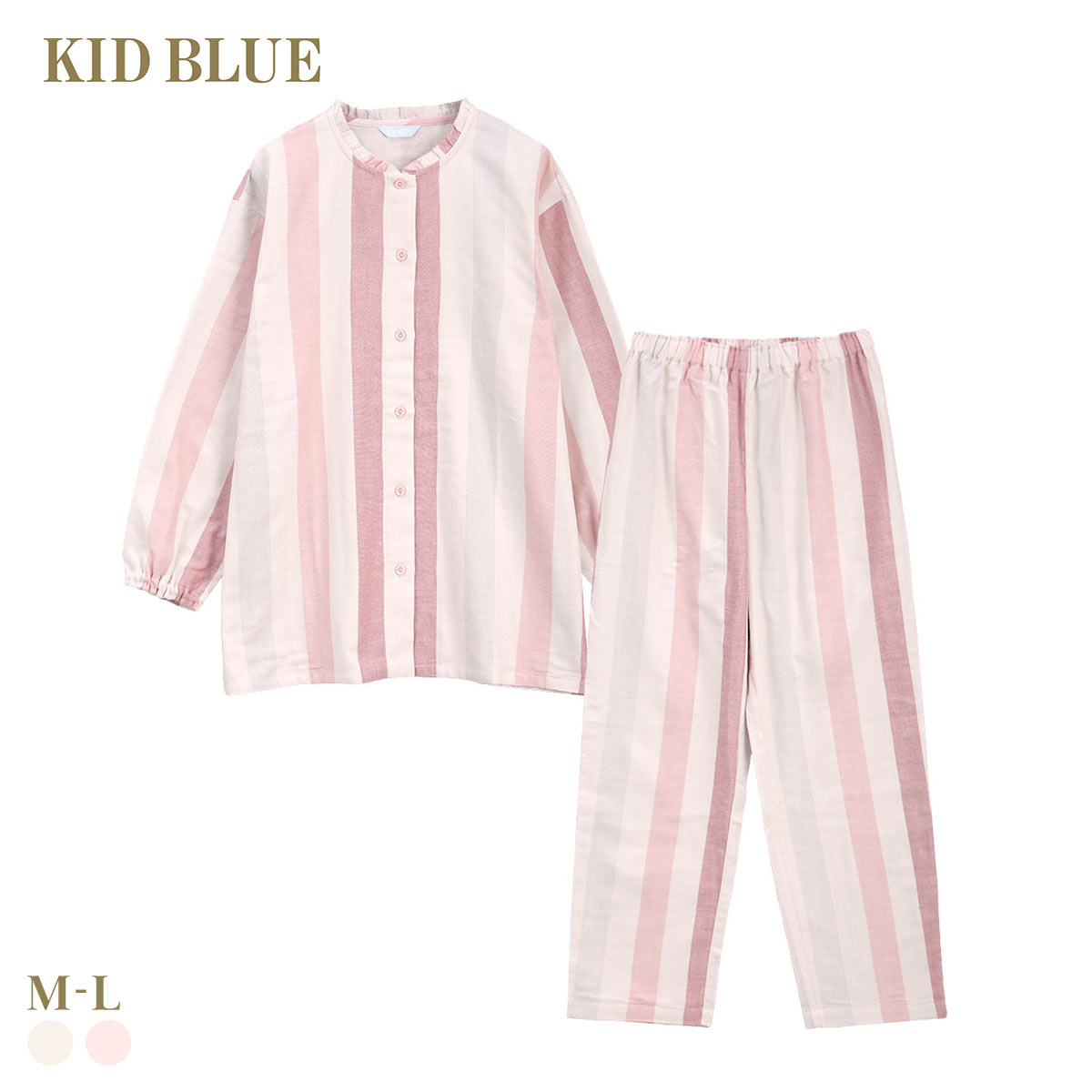 キッドブルー 26Wガーゼ ストライプ 長袖 フルレングス 上下セット パジャマ ルームウェア KID BLUE(PI-ピンク-M)