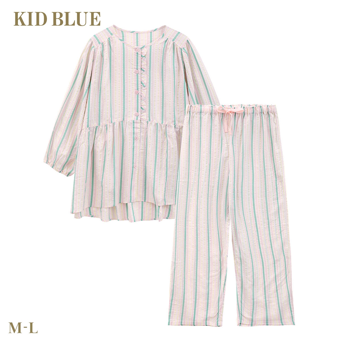 キッドブルー 26CRサッカーストライプ 8分袖 くるぶし丈 上下セット パジャマ ルームウェア ナイティ レディース KID BLUE(PI-ピンク-M)