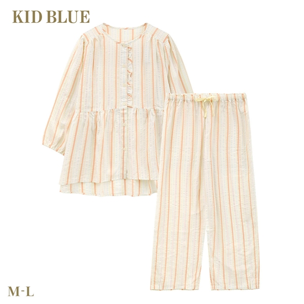 キッドブルー 26CRサッカーストライプ 8分袖 くるぶし丈 上下セット パジャマ ルームウェア ナイティ レディース KID BLUE
