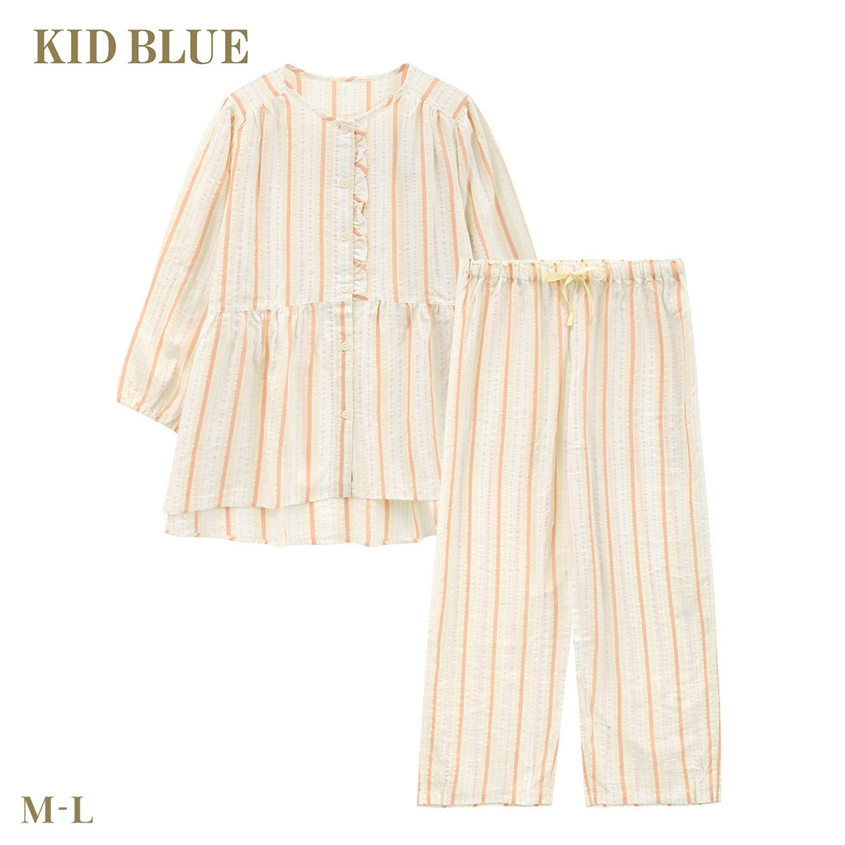 キッドブルー 26CRサッカーストライプ 8分袖 くるぶし丈 上下セット パジャマ ルームウェア ナイティ レディース KID BLUE(YE-イエロー-M)
