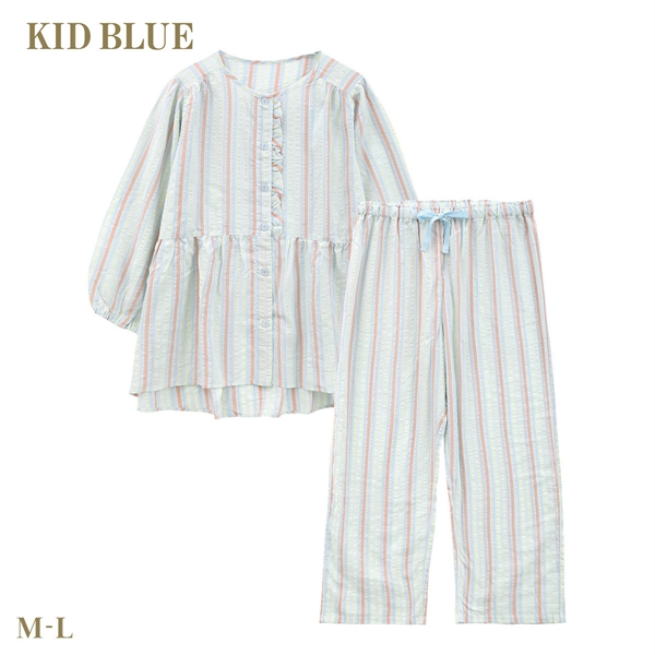 キッドブルー 26CRサッカーストライプ 8分袖 くるぶし丈 上下セット パジャマ ルームウェア ナイティ レディース KID BLUE