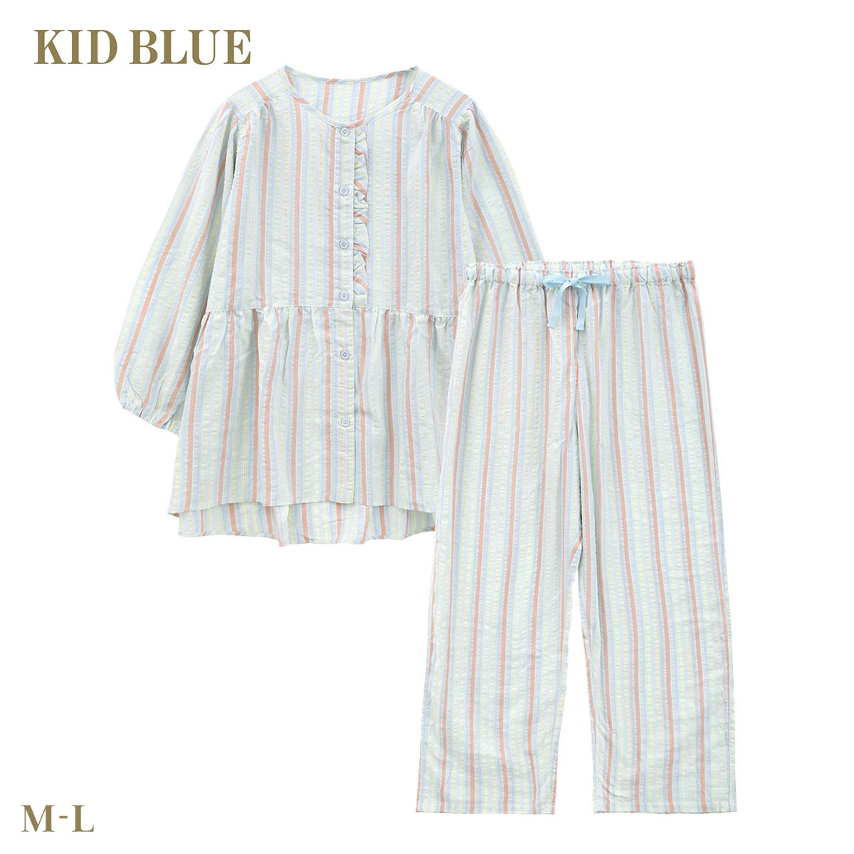 キッドブルー 26CRサッカーストライプ 8分袖 くるぶし丈 上下セット パジャマ ルームウェア ナイティ レディース KID BLUE(SX-サックス-M)