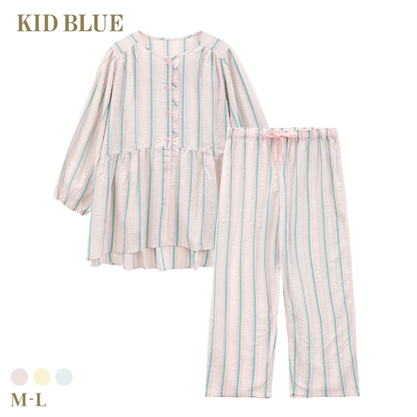 キッドブルー 26CRサッカーストライプ 8分袖 くるぶし丈 上下セット パジャマ ルームウェア ナイティ レディース KID BLUE