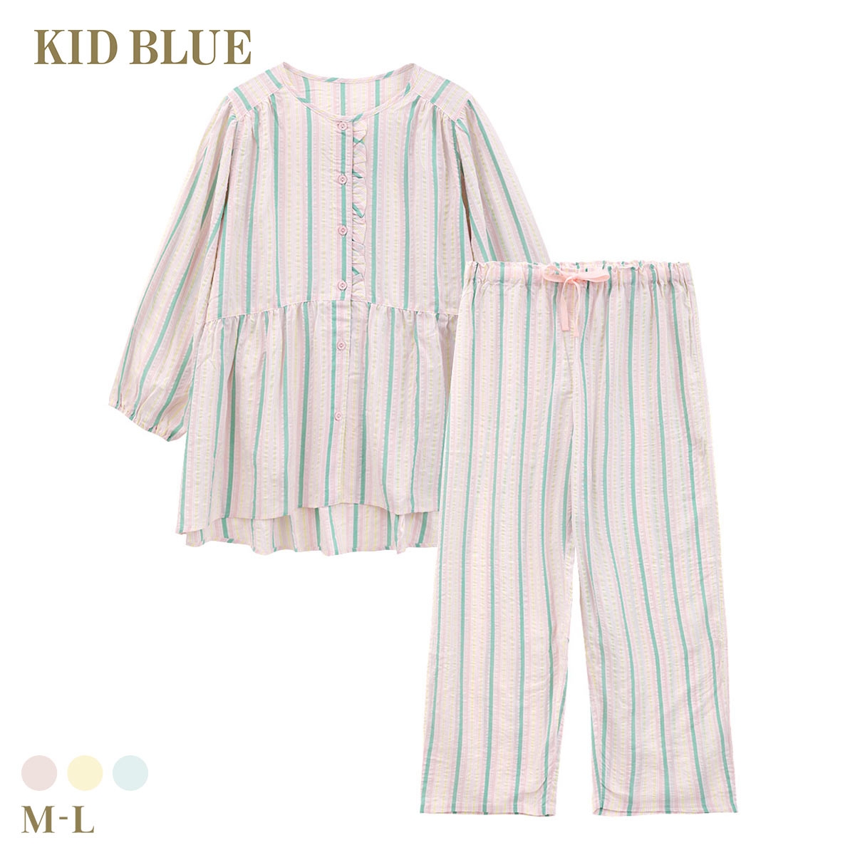 キッドブルー 26CRサッカーストライプ 8分袖 くるぶし丈 上下セット パジャマ ルームウェア ナイティ レディース KID BLUE