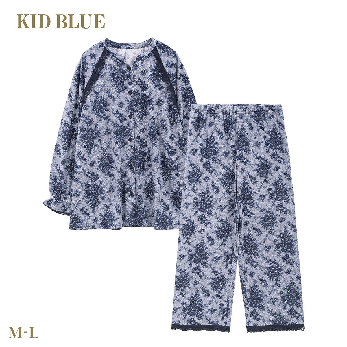 キッドブルー 26ローズレースPtN ルームウェア 長袖 くるぶし丈 上下セット ナイティ パジャマ レディース KID BLUE(NV-ネイビー-M)