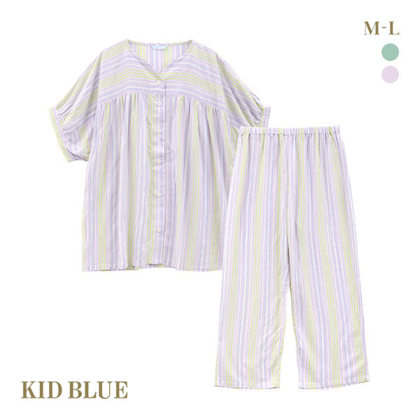 20%OFF キッドブルー KID BLUE 24CRサッカーストライプ 半袖 8分丈 上下セット パジャマ ルームウェア レディース 20%OFF キッドブルー KID BLUE 24CRサッカーストライプ 半袖 8分丈 上下セット パジャマ ルームウェア レディース