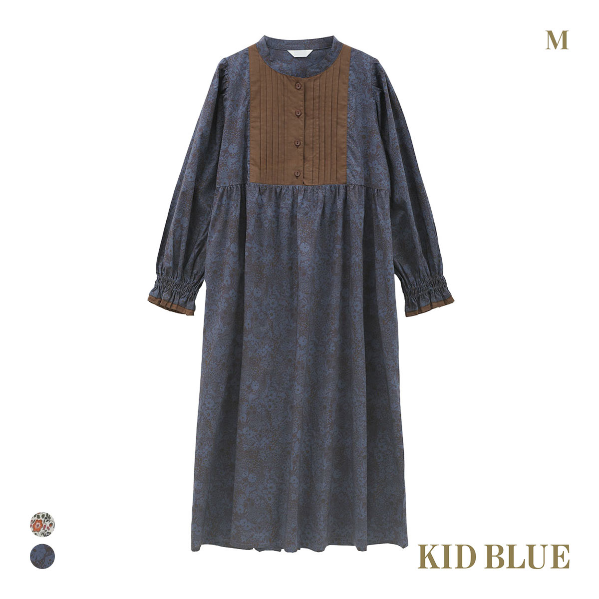 キッドブルー 25AW LIBERTYプリント ワンピース 長袖 ネグリジェ ナイティ ルームウェア パジャマ レディースー KID BLUE(NV-ネイビー-M)