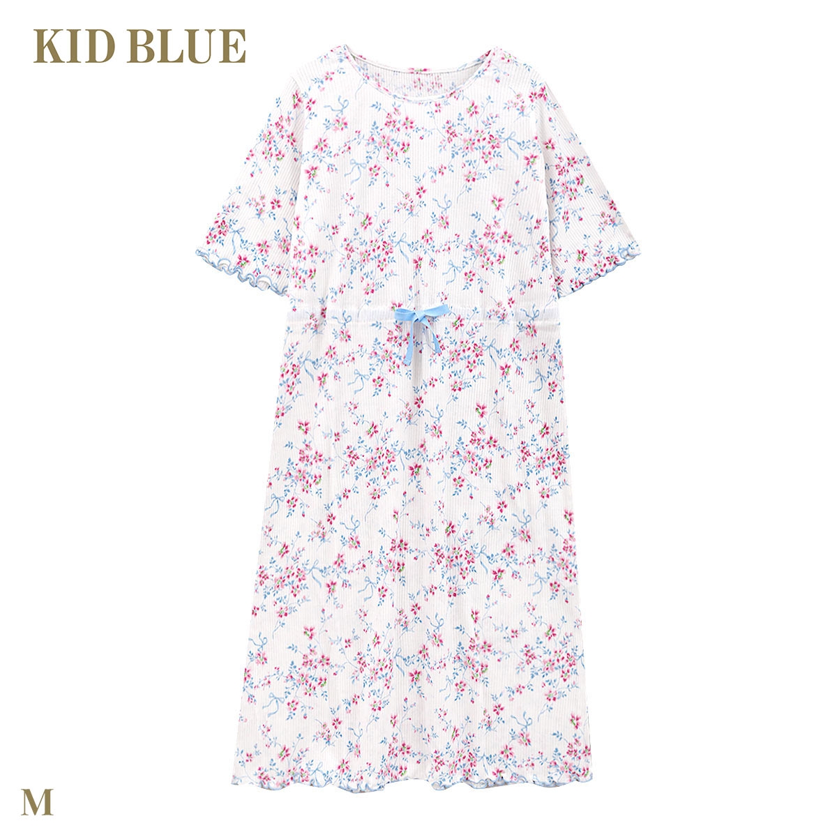 キッドブルー リブワイルドローズ ワンピース 5分袖 ネグリジェ ナイティ ルームウェア パジャマ レディース KID BLUE(PI-ピンク-M)