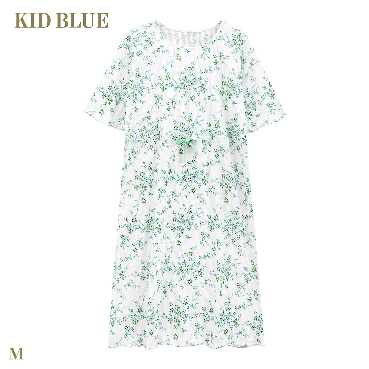 キッドブルー リブワイルドローズ ワンピース 5分袖 ネグリジェ ナイティ ルームウェア パジャマ レディース KID BLUE(GR-グリーン-M)