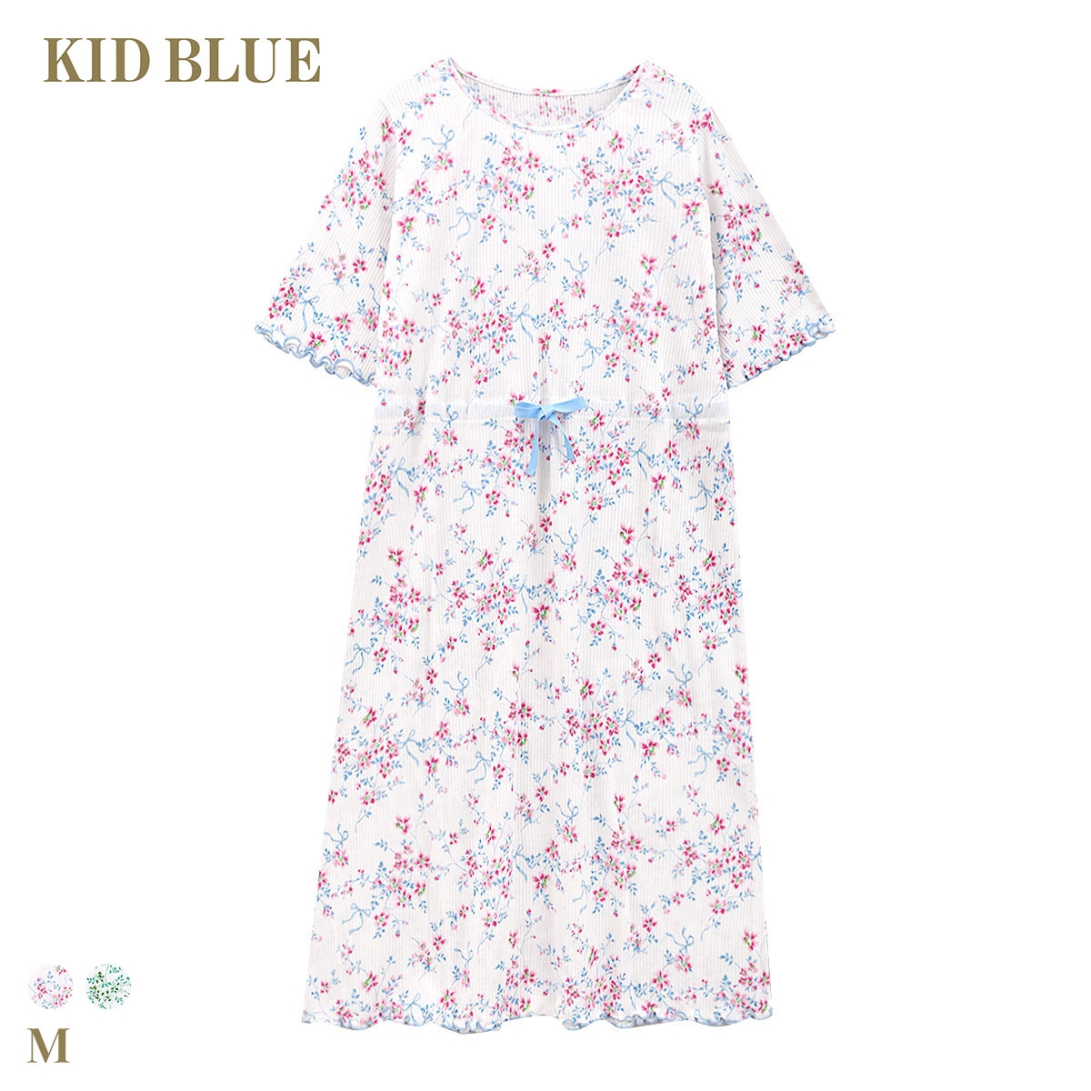 キッドブルー リブワイルドローズ ワンピース 5分袖 ネグリジェ ナイティ ルームウェア パジャマ レディース KID BLUE