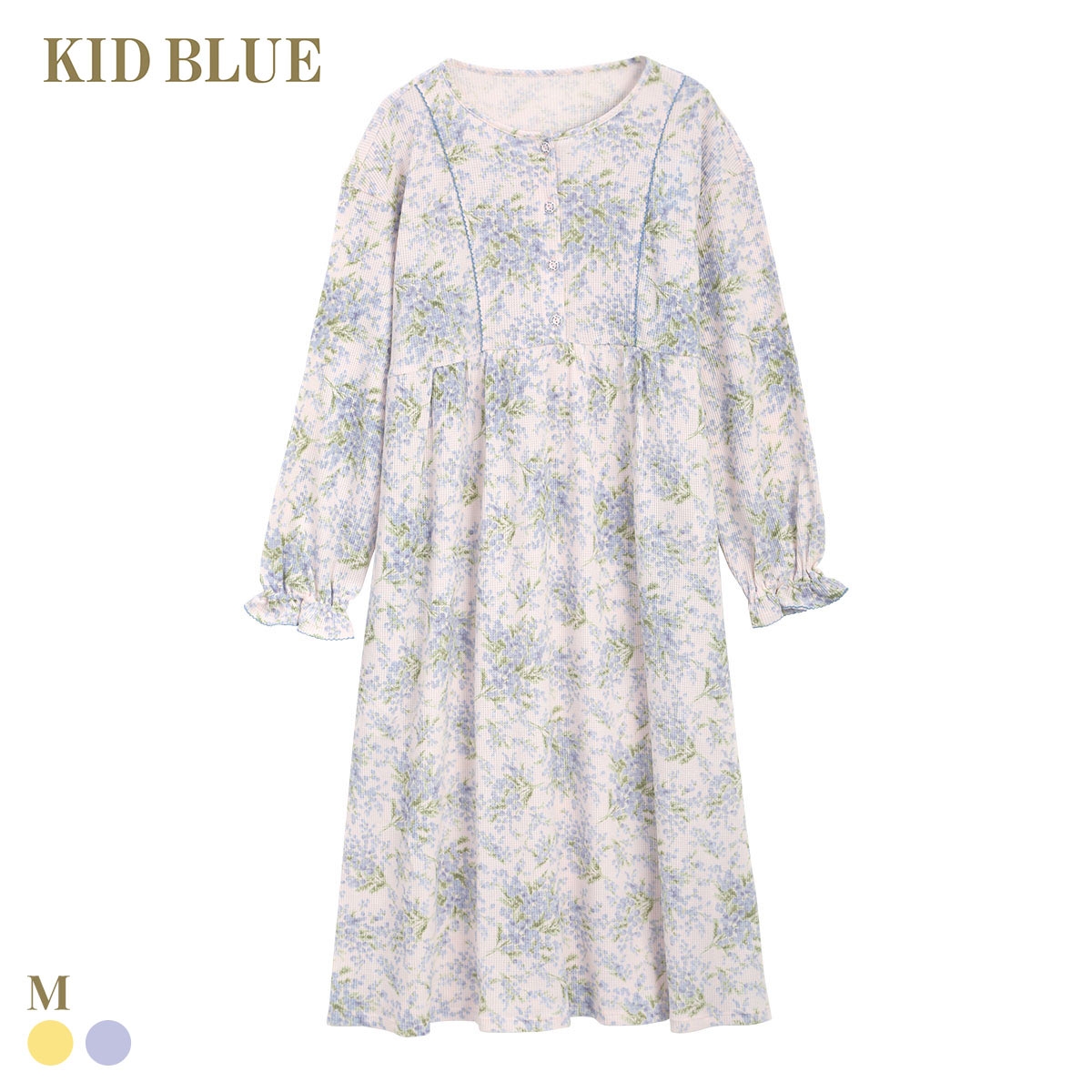 キッドブルー ワッフルミモザ ワンピース 長袖 ネグリジェ ナイティ ルームウェア パジャマ レディース KID BLUE(BU-ブルー-M)