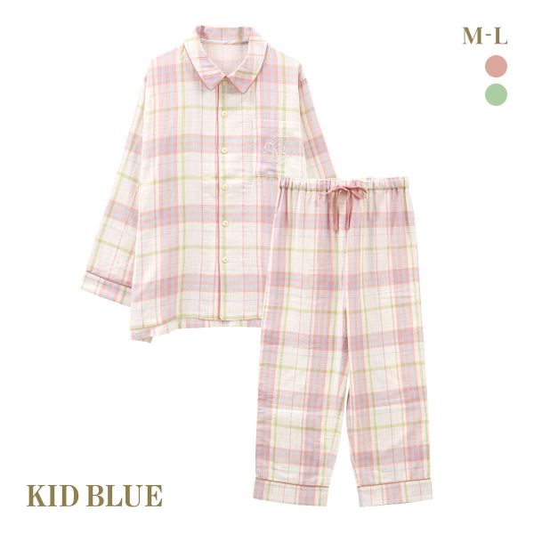キッドブルー Wガーゼ ライン チェック 長袖 フルレングス 上下セット パジャマ ルームウェア ユニセックス KID BLUE