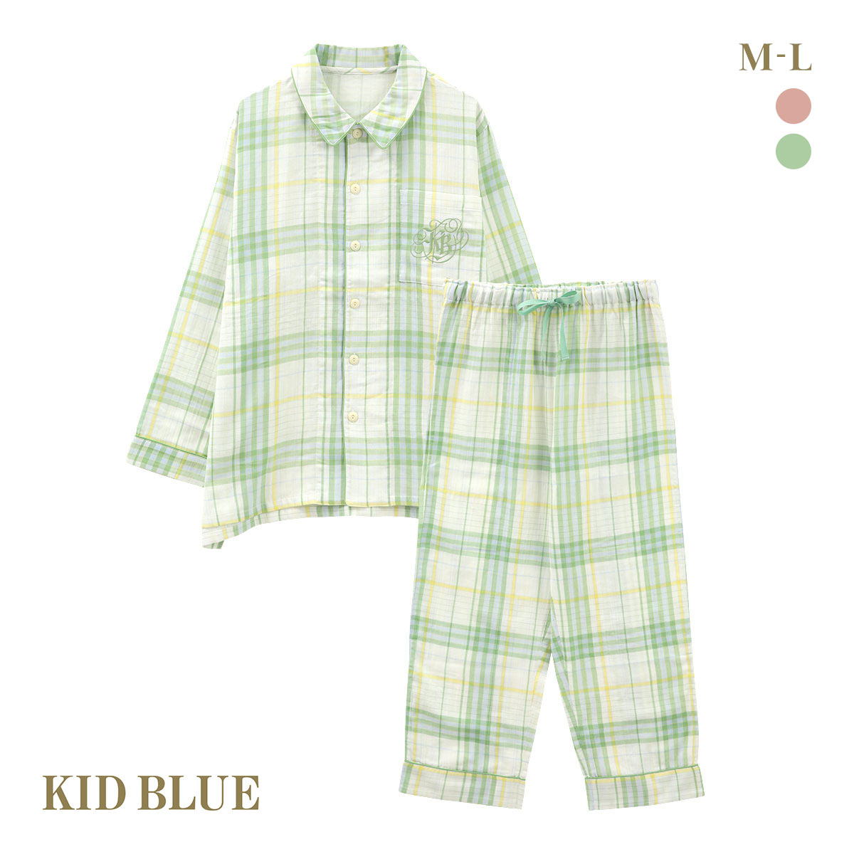 キッドブルー Wガーゼ ライン チェック 長袖 フルレングス 上下セット パジャマ ルームウェア ユニセックス KID BLUE(GR-グリーン-M)