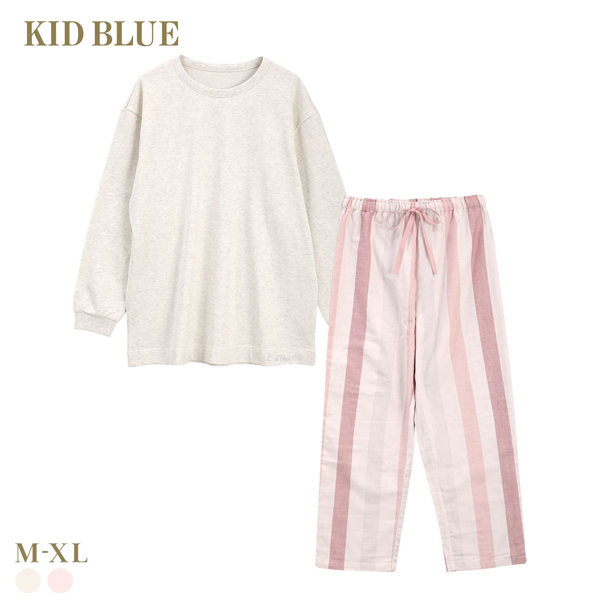 キッドブルー 26Wガーゼ ストライプ 長袖 フルレングス 上下セット パジャマ ルームウェア ユニセックス KID BLUE(PI-ピンク-M)