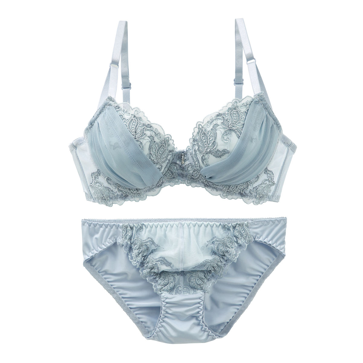 サンエイ SANEI 脇高 ボタニカルブーケ ブラジャー ショーツ セット ABCD 脇肉 すっきり 脇寄せ ブラセット 美胸 谷間 丸胸(BU-ブルー-A70-M)