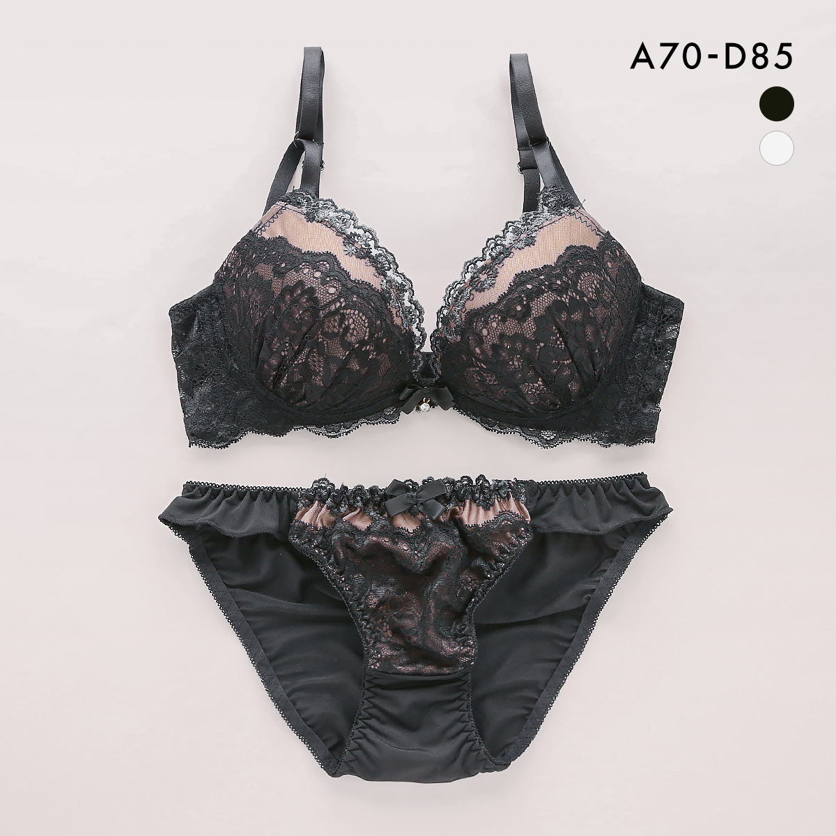 サンエイ 脇高 エレガントシアーレース ブラセット ABCD 脇肉 はみ肉すっきり 脇寄せ ブラジャー ショーツ セット 美胸 SANEI(BK-ブラック-A70-M)