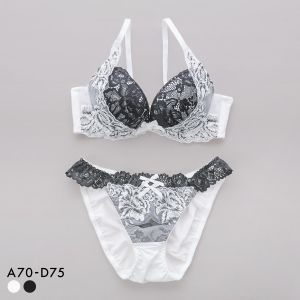 サンエイ 脇高 モノクロフラワーブーケ ブラセット ABCD 盛り 脇肉 はみ肉すっきり 脇寄せ ブラジャー ショーツ セット 美胸 SANEI