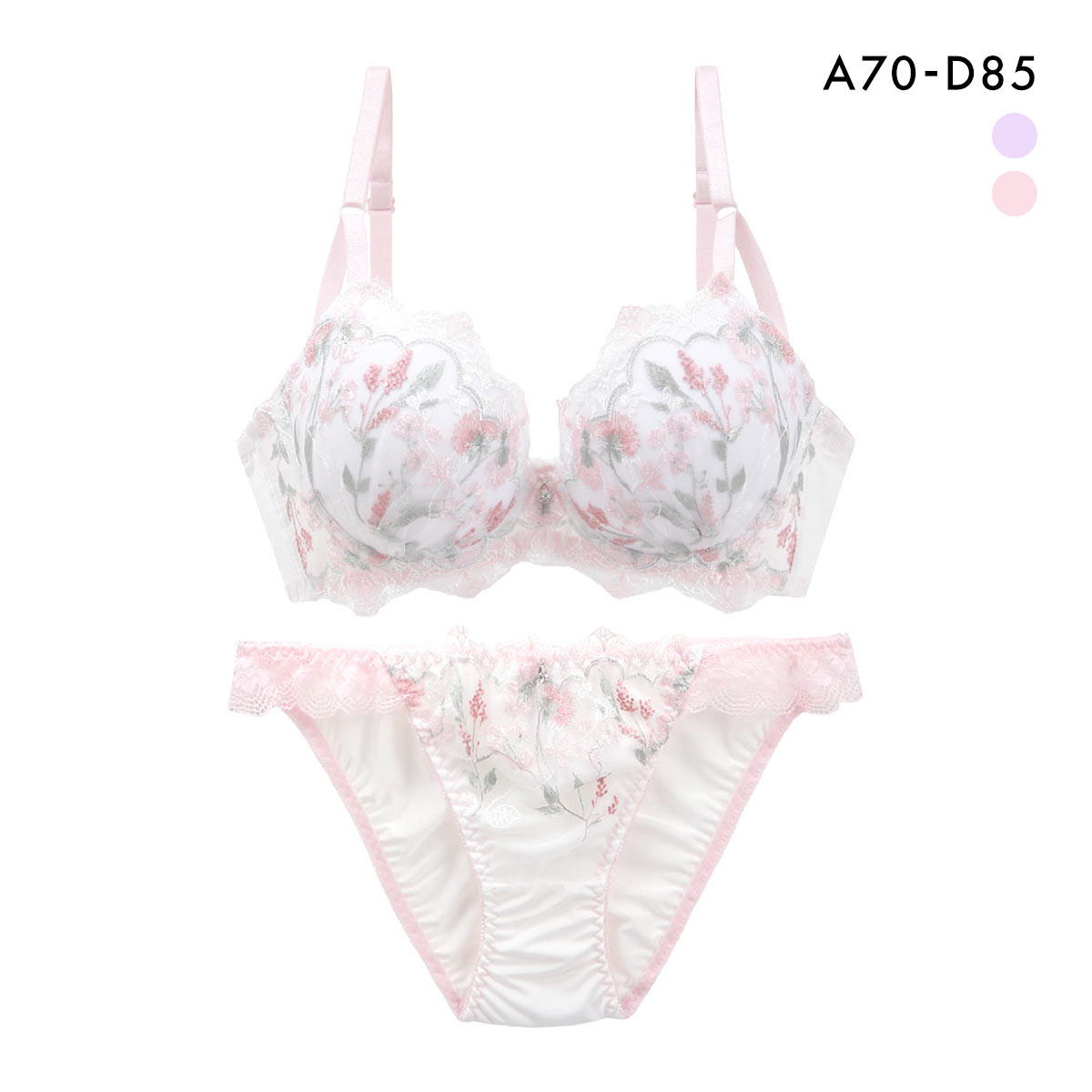 サンエイ 脇高 ガーリーフラワーブーケ ブラセット ABCD 脇肉 はみ肉すっきり 脇寄せ ブラジャー ショーツ セット 美胸 谷間 丸胸 SANEI(PI-ピンク-A70-M)