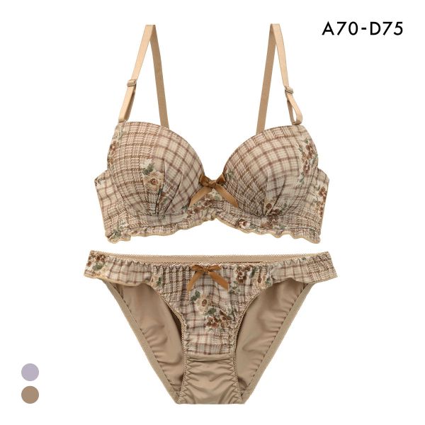 サンエイ ガーリーチェックフラワー ブラセット ABCD 脇肉 はみ肉すっきり 脇寄せ ブラジャー ショーツ セット 美胸 谷間 SANEI