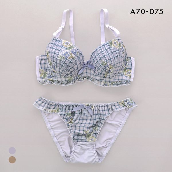 サンエイ ガーリーチェックフラワー ブラセット ABCD 脇肉 はみ肉すっきり 脇寄せ ブラジャー ショーツ セット 美胸 谷間 SANEI