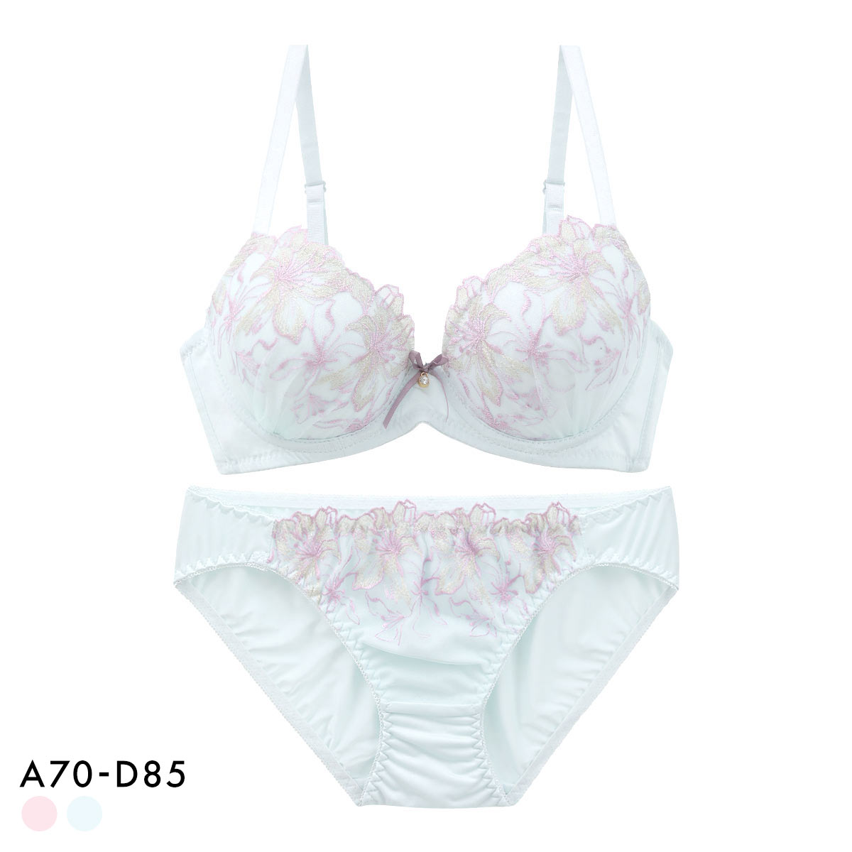 サンエイ 脇高 フェミニンカサブランカ ブラセット ABCD 脇肉 はみ肉すっきり 脇寄せ ブラジャー ショーツ セット 美胸 SANEI(BU-ブルー-A70-M)