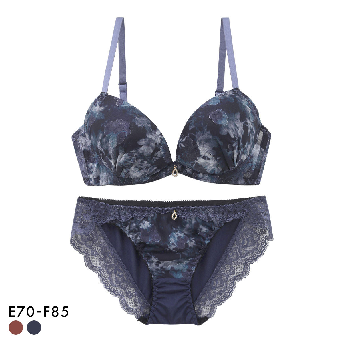 サンエイ 脇高 フォギーマーブルフラワー ブラセット EF 大きいサイズ グラマー 脇肉 谷間 盛り ブラジャー ショーツ セット 美胸(NV-ネイビー-E70-M)