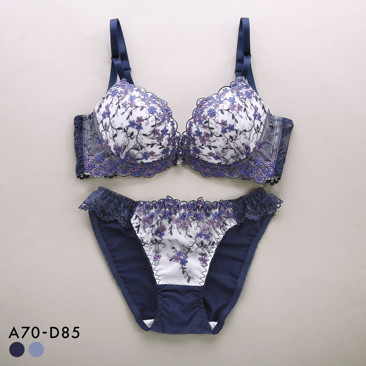 サンエイ 脇高 クリスタルブーケ ブラセット ABCD 大きいサイズ グラマー はみ肉すっきり ブラジャー ショーツ セット SANEI(NV-ネイビー-A70-M)