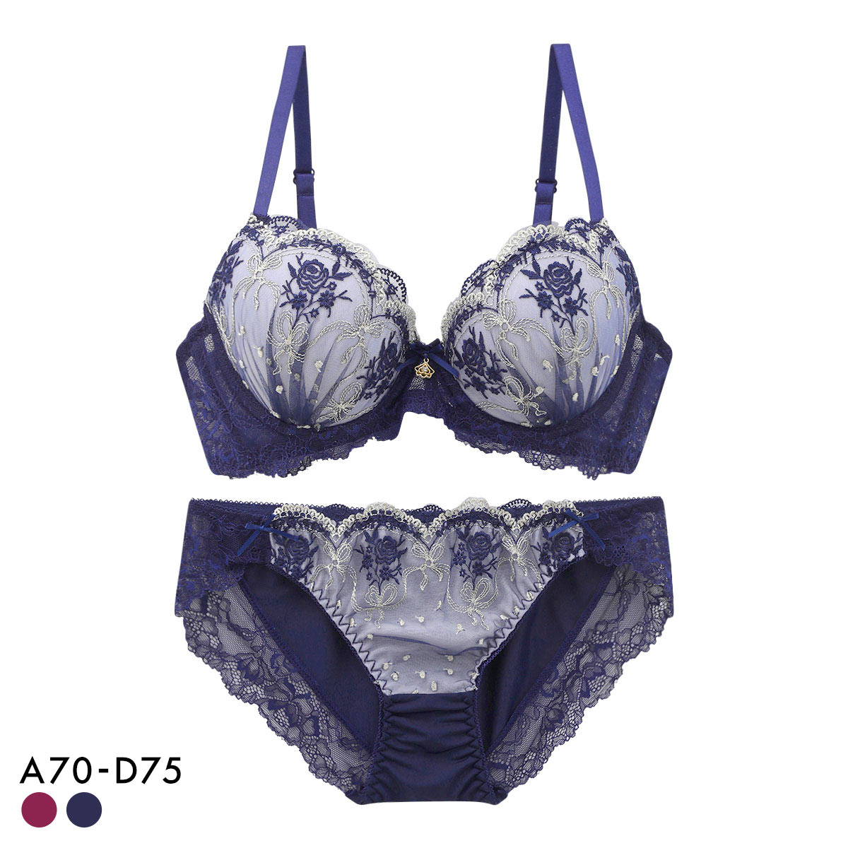サンエイ 脇高 ロココ調ローズリボン ブラセット ABCD 脇肉 はみ肉すっきり 脇寄せ 着やせ ブラジャー ショーツ セット SANEI(DBU-濃ブルー-A70-M)