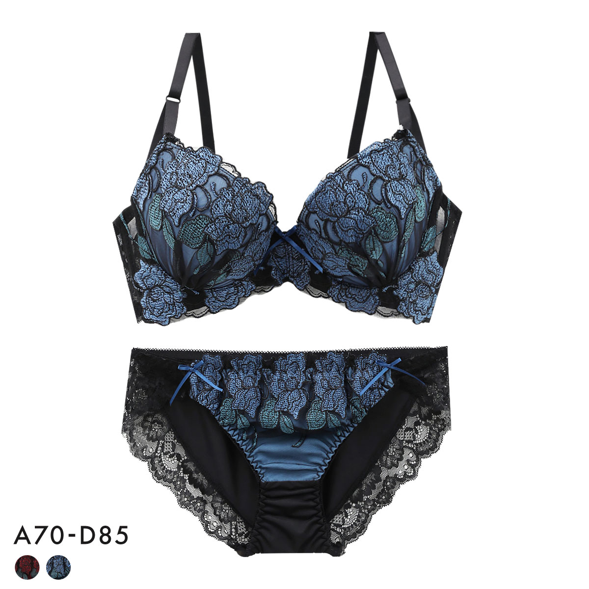 サンエイ 脇高 ステンドグラスローズ ブラセット ABCD 脇肉 谷間 盛り はみ肉すっきり 脇寄せ ブラジャー ショーツ セット 美胸 SANEI(BU-ブルー-A70-M)