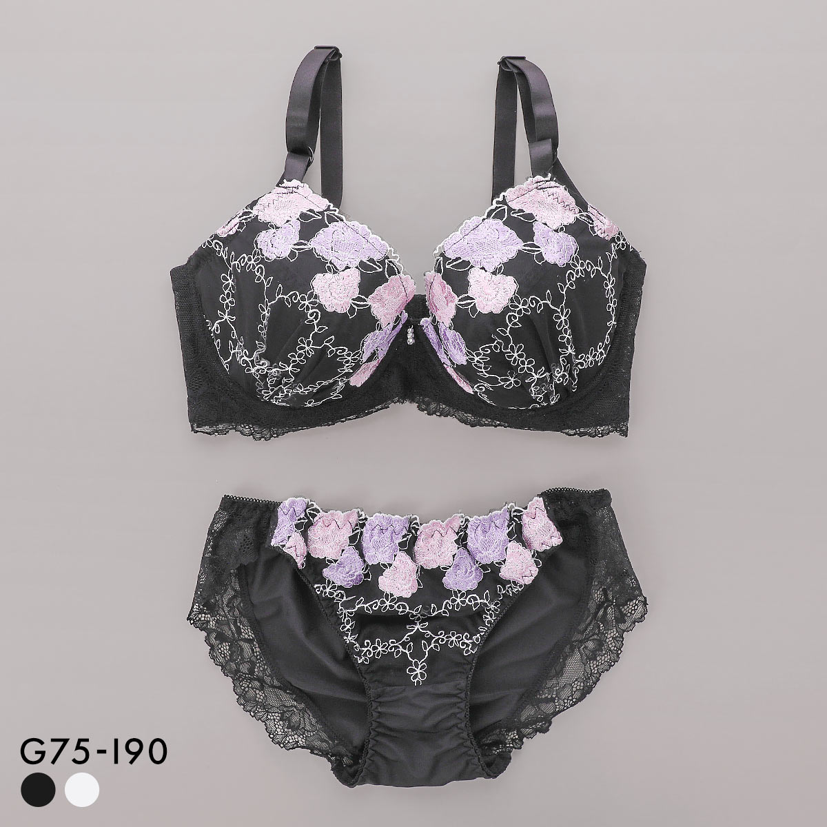 サンエイ 脇高 ゴージャスローズ ブラセット GHI 大きいサイズ グラマー 脇肉 はみ肉すっきり ブラジャー ショーツ 美胸 SANEI(BK-ブラック-G75-L)