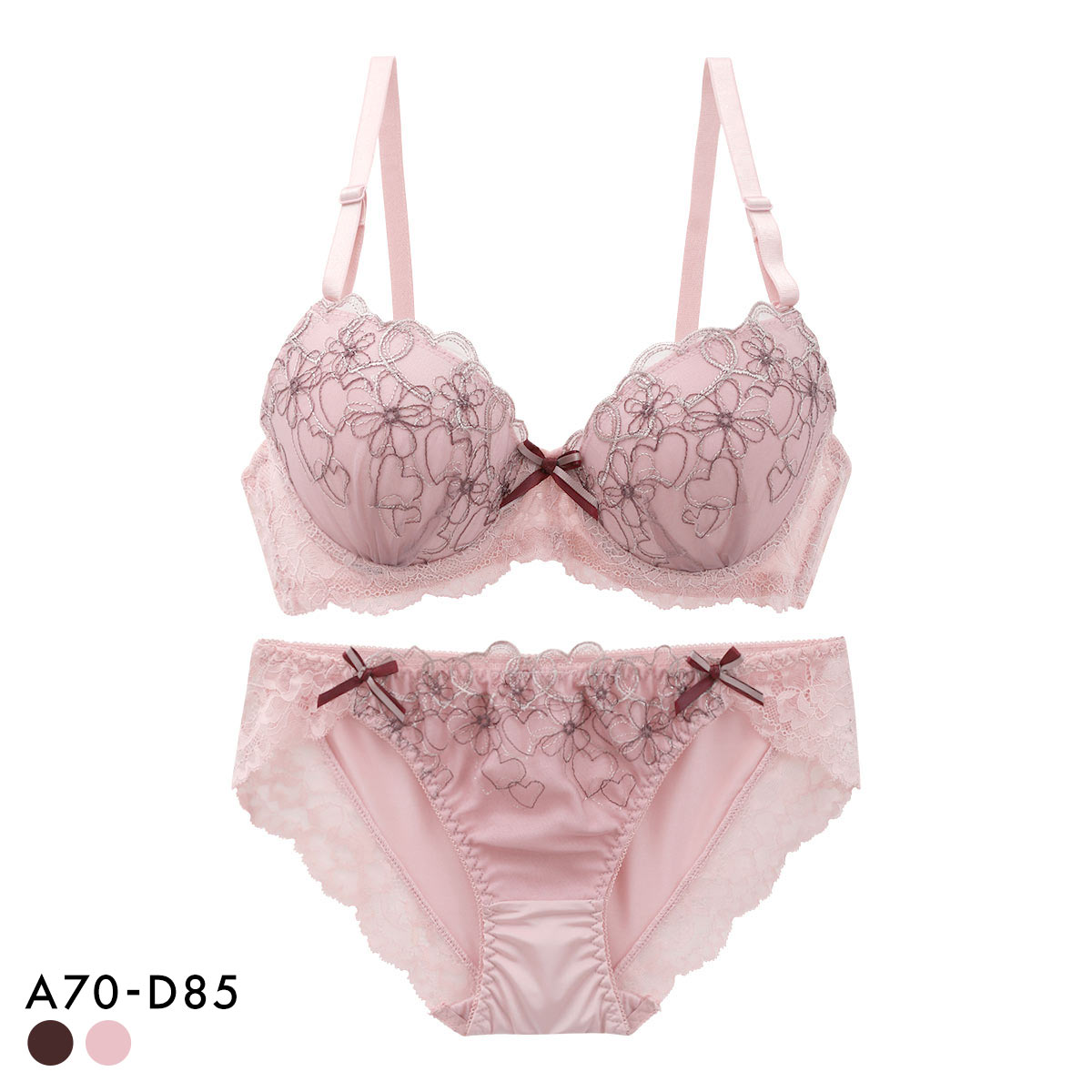 サンエイ ガーリーハートフラワー刺繍 ブラセット ABCD バックレース 美胸 丸胸 SANEI(PI-ピンク-A70-M)