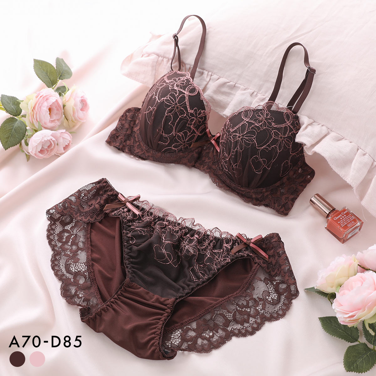 サンエイ ガーリーハートフラワー刺繍 ブラセット ABCD バックレース 美胸 丸胸 SANEI